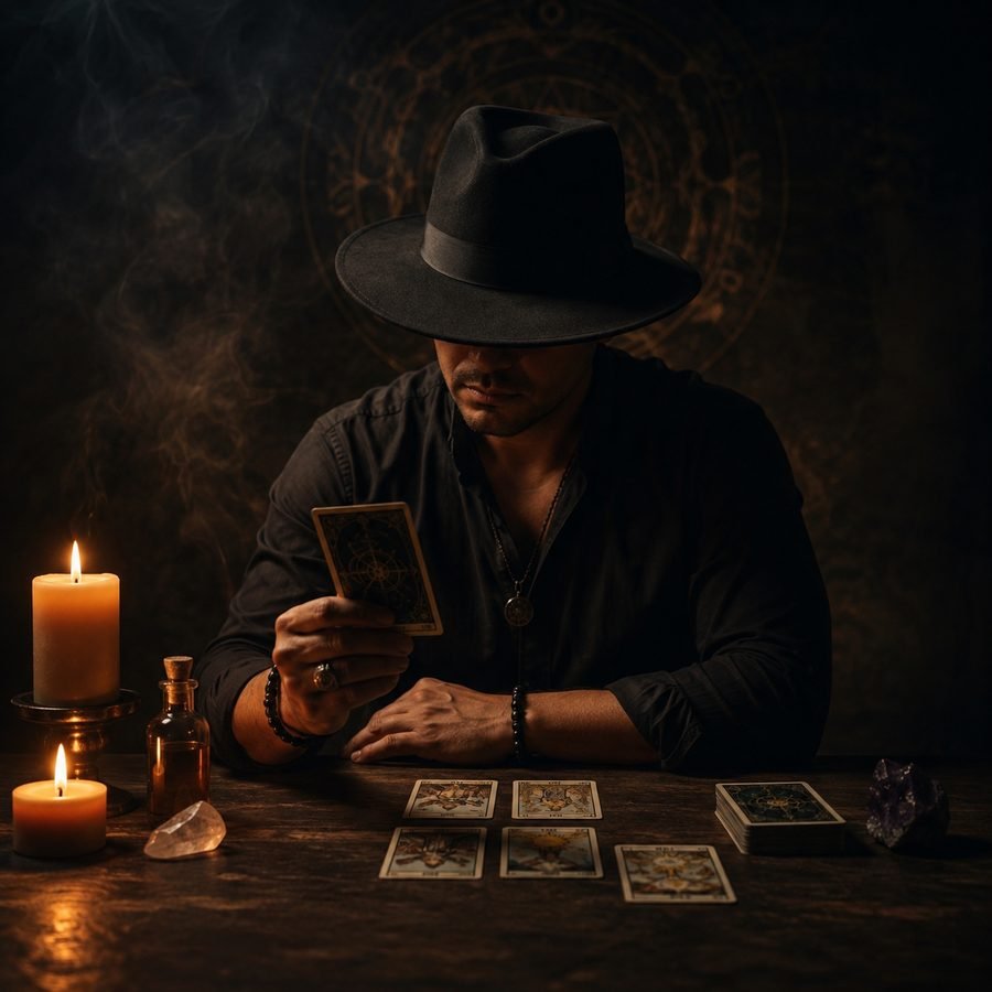 Maestro Elías Zarek realizando una lectura de tarot del amor a la luz de las velas